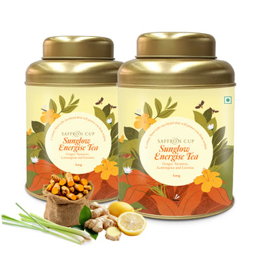 Saffron Cup Sunglow Energize Herbal Detox Tea (Ginger & Turmeric) – 200g, Pack of 2 (Airtight Double-Lid Tin) - saffroncup